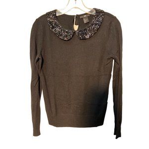H&M Black Top Sweater Sequined Sparkling Peter Pan Collar Blouse